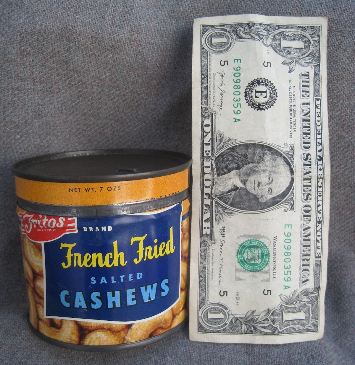 VINTAGE 1951 FRITO CO. (FRITOS CORN CHIPS) FRENCH FRIED CASHEWS TIN KEY-WIND CAN