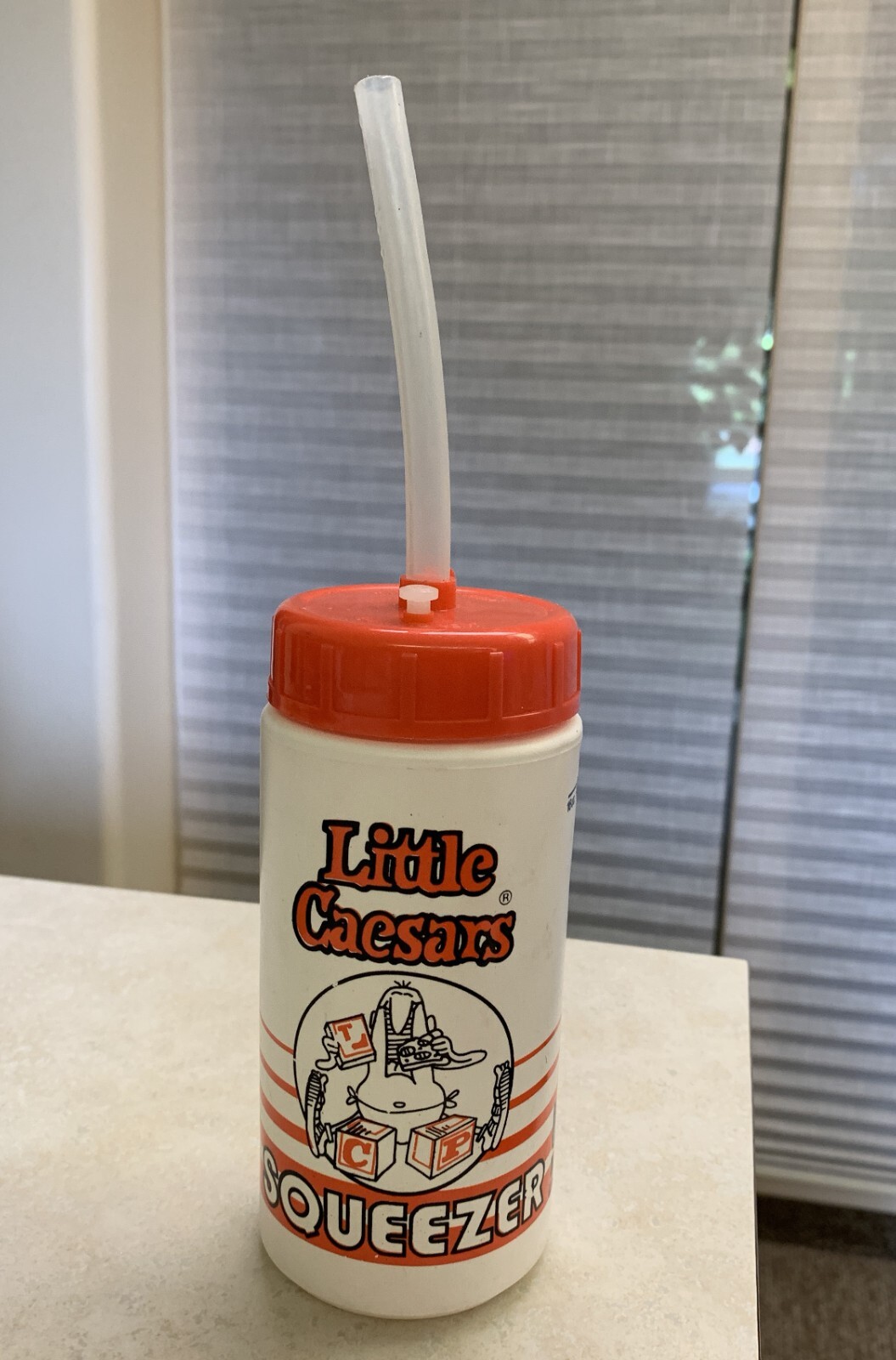 Vtg Little Caesars Squeezer water bottle 16 o. dated 1989 soccer