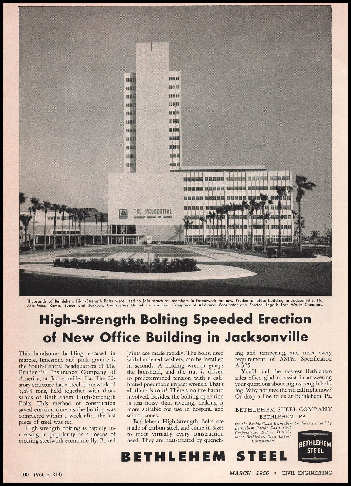 1956 Prudential Building Photo Jacksonville Florida Bethlehem Steel Co. Print Ad
