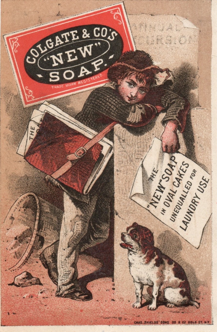 TRADE CARD – Colgate & Co. Est. 1806 – “‘New’ Soap” – Newspaper Boy & Dog – NYC