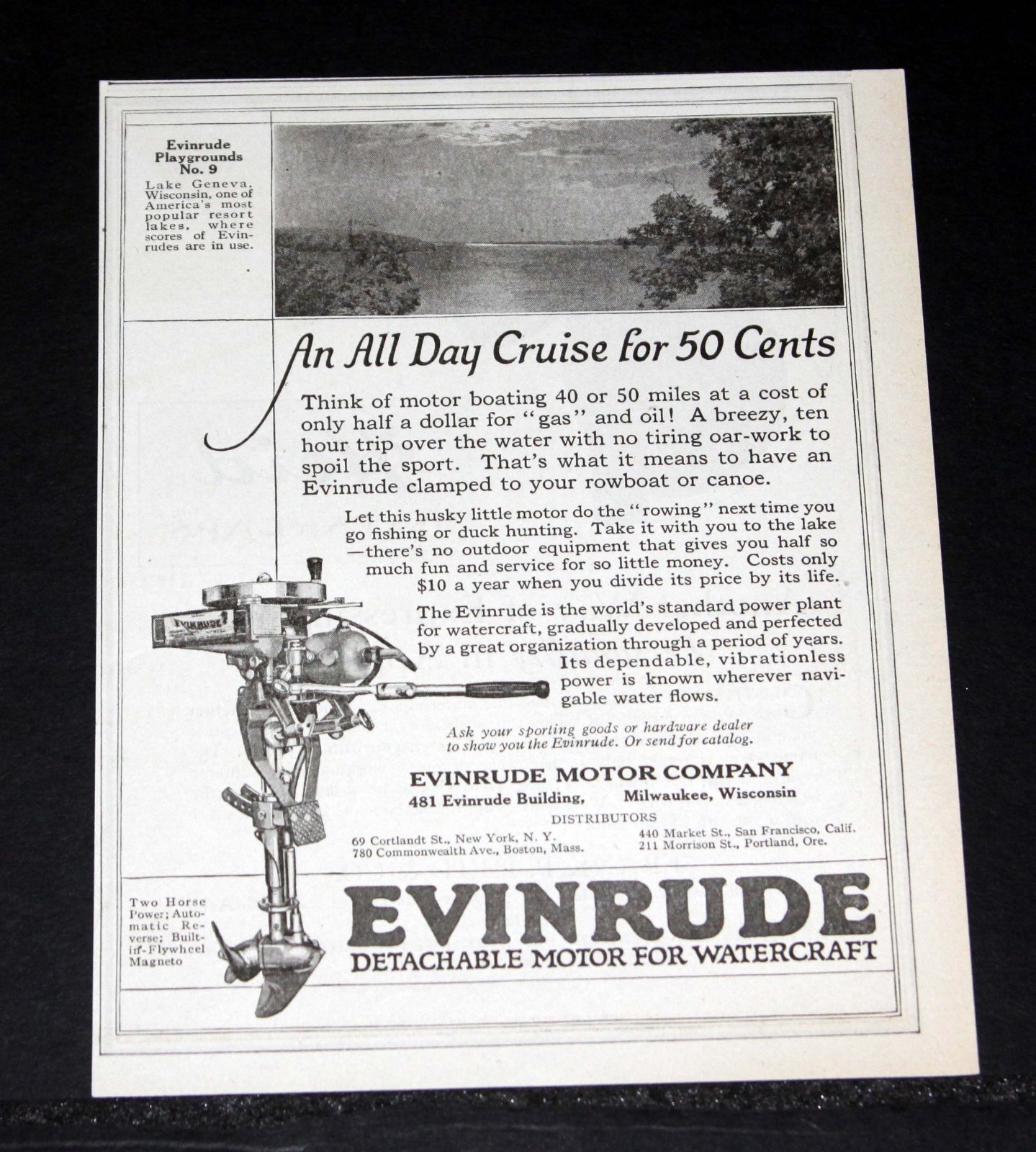 1921 OLD MAGAZINE PRINT AD, EVINRUDE OUTBOARD MOTOR-CRUISE ALL DAY FOR 50 CENTS!