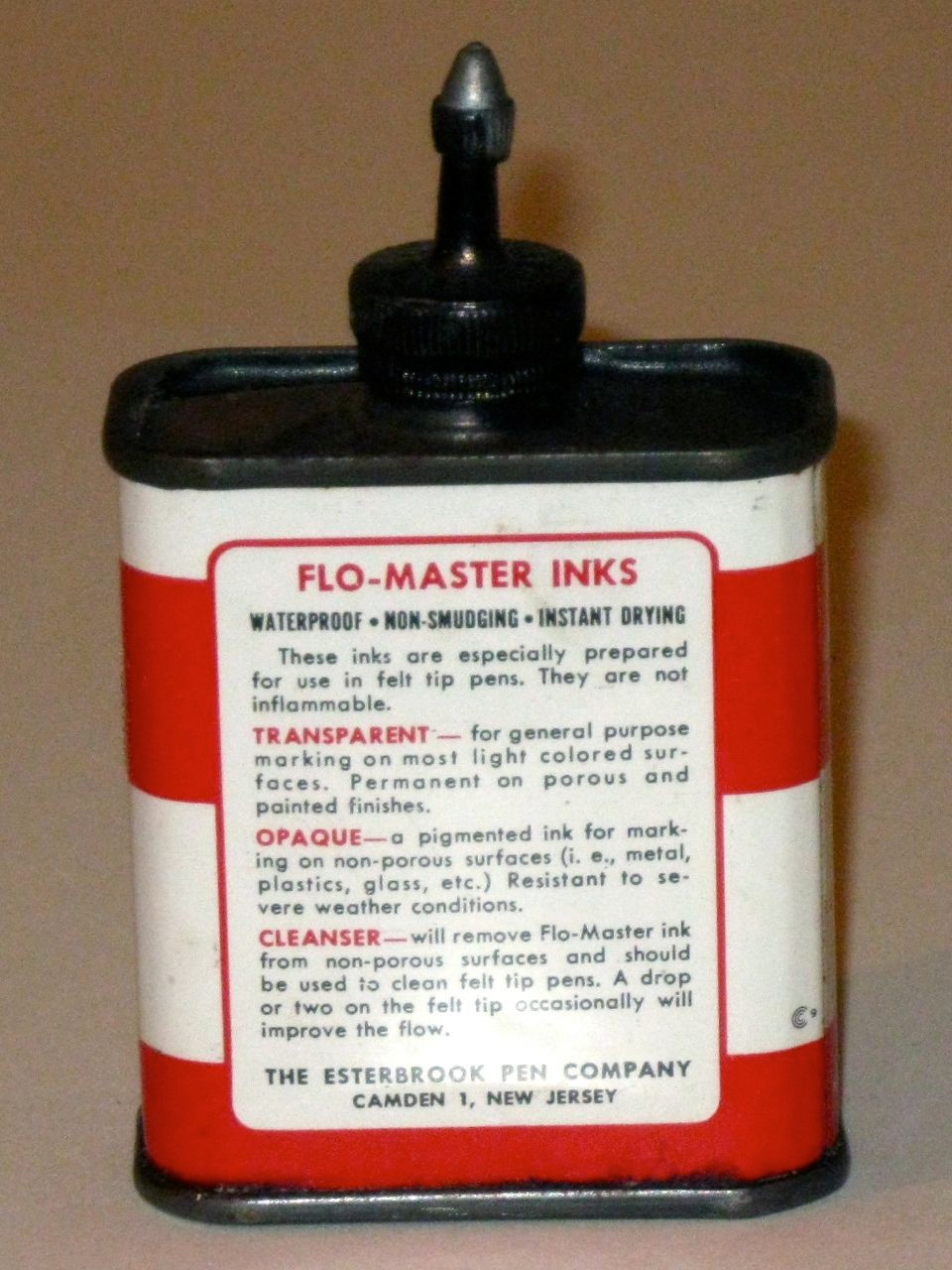 Vintage FLO-MASTER Transparent BLACK INK T-102 Advertising Tin! Lead Spout Can!