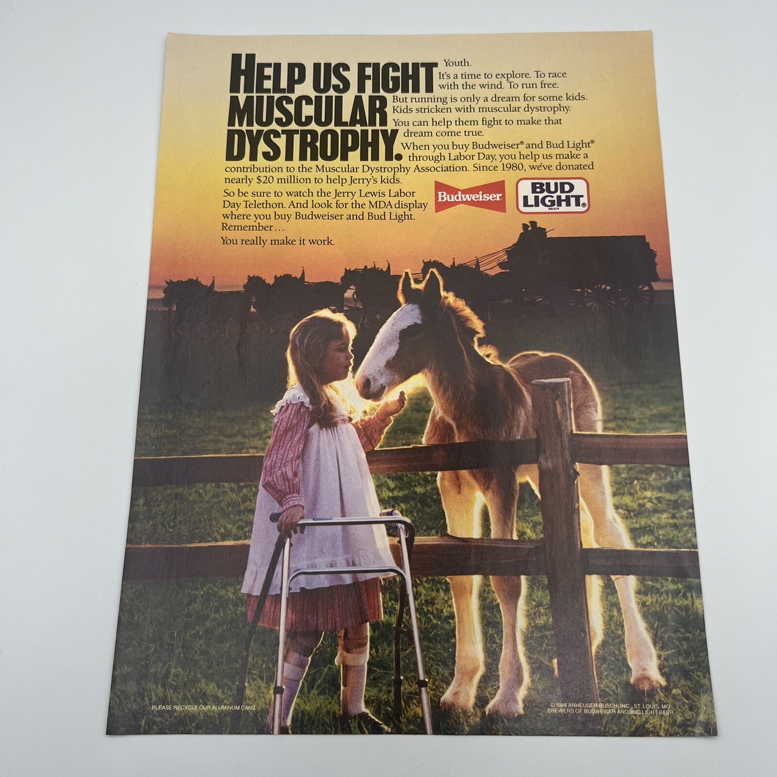 Budweiser Fights Muscular Dystrophy Vintage 1988 Print Ad 8″X10.5″ Jerry’s kids