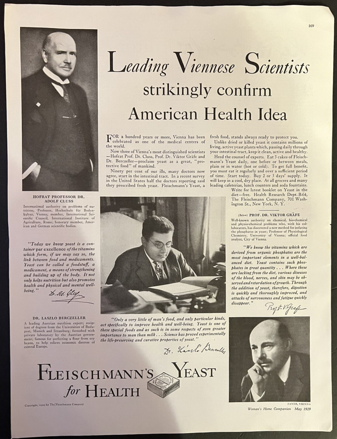 Vtg 1929 Fleischmann’s Yeast Ad, Leading Viennese Scientists Confirm Health Data
