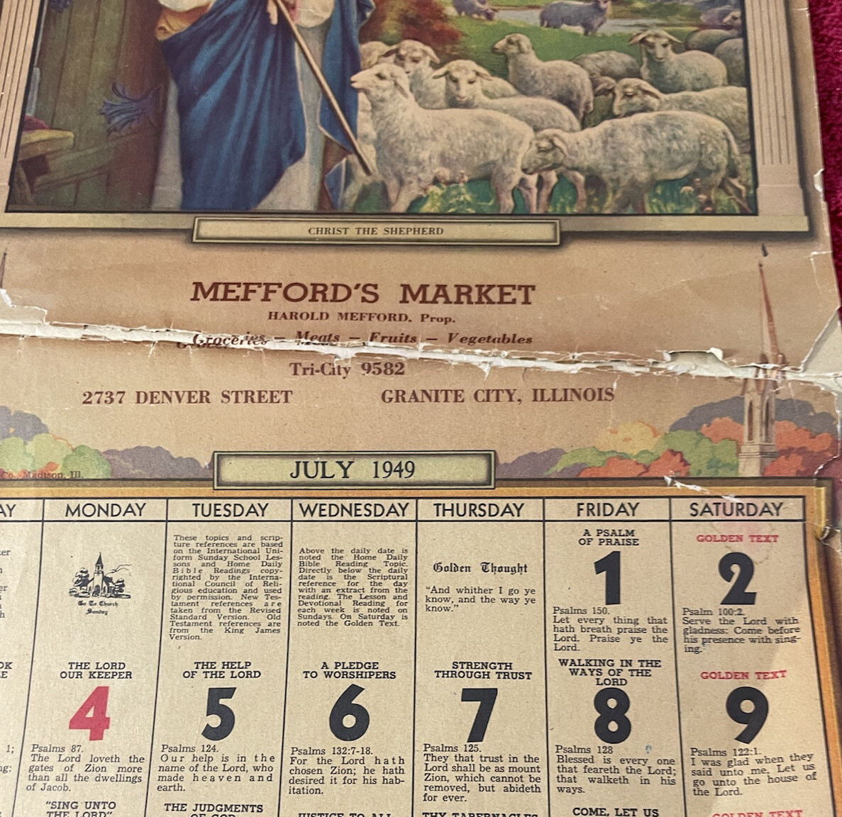 Vintage Advertising 1949 Medford’s Market Granite City Calendar Religious