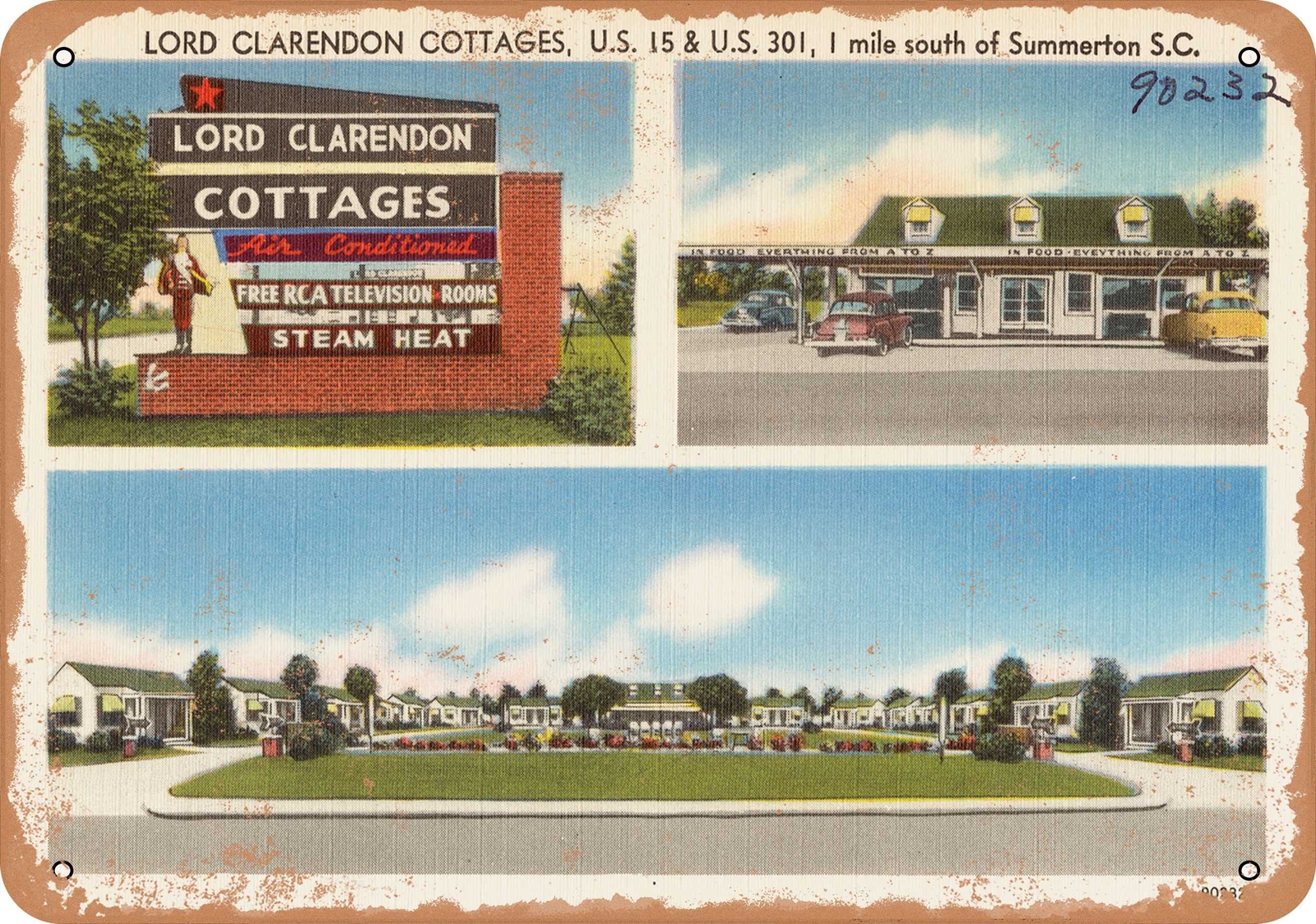 Metal Sign – South Carolina Postcard – Lord Clarendon Cottages, U.S. 15 & 301,