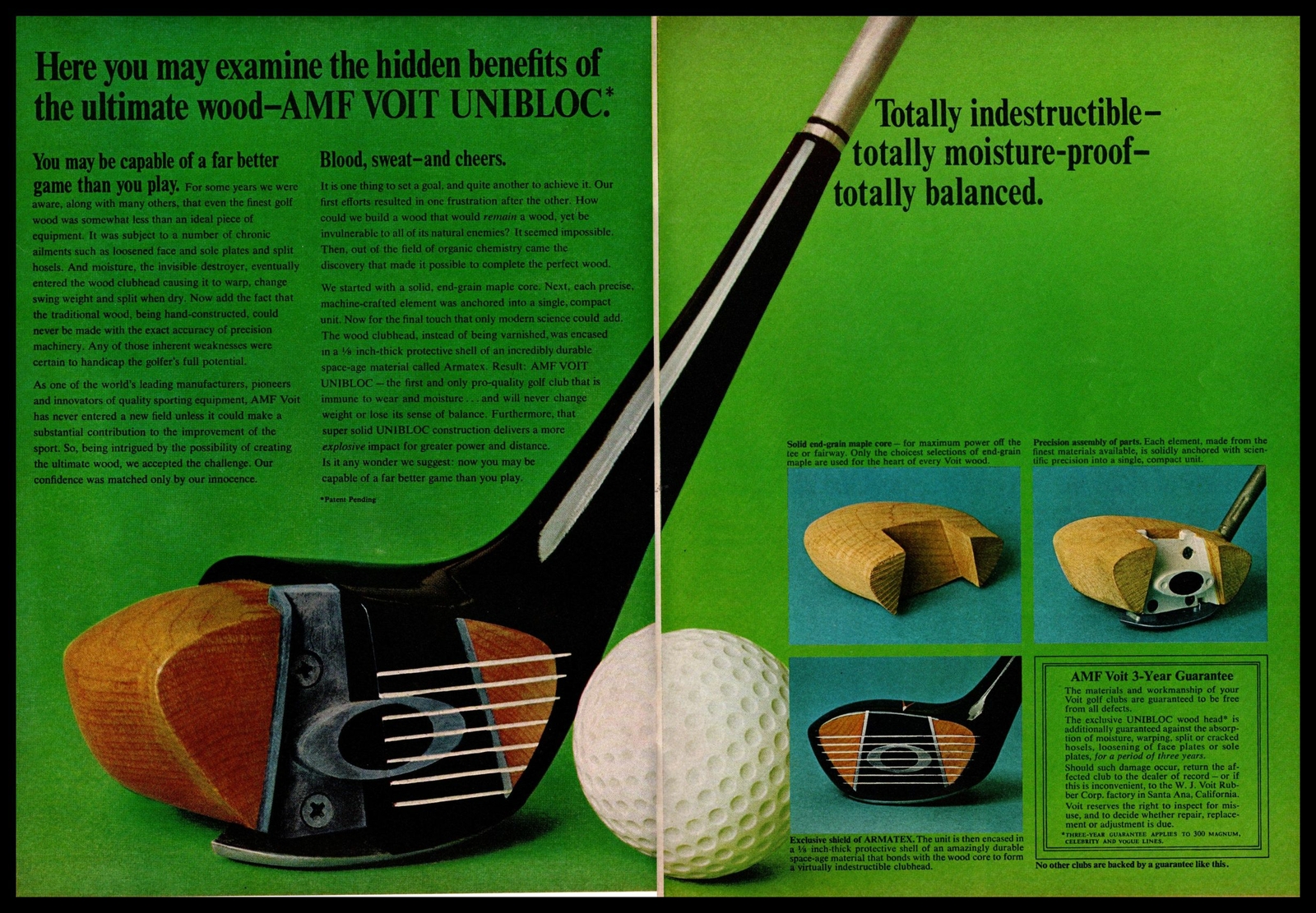 1967 AMF Voit Unibloc Armatex Wood Head Golf Clubs 2-Page Vintage Print Ad