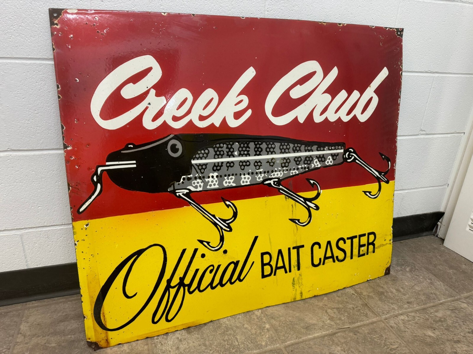 CREEK CHUB OFFICIAL BAIT CASTER 36X30 SINGLE SIDED PORCELAIN ENAMEL SIGN