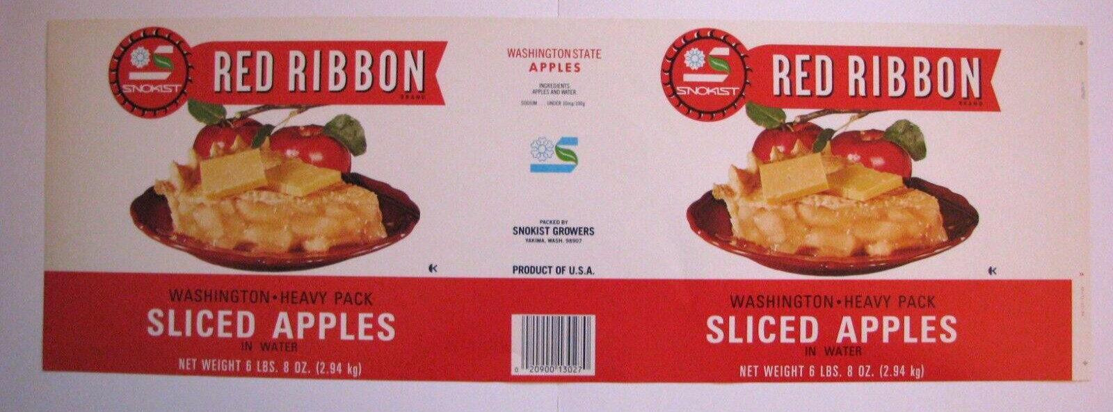 Original RED RIBBON Bartlett sliced apples can label Snokist Growers Yakima, WA
