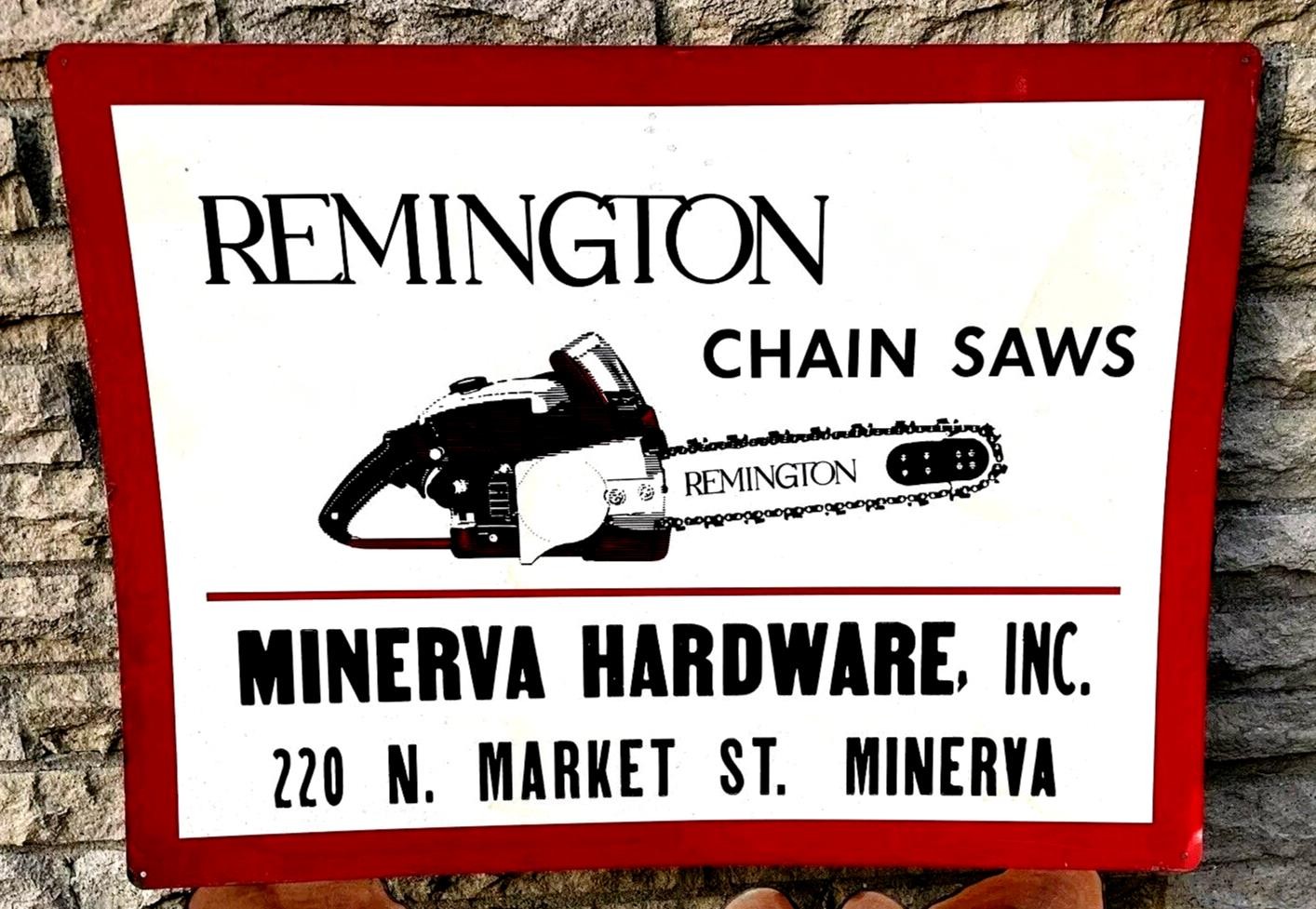 Original 1960’s Remington Chainsaw Dupont Tin Sign Minerva Hardware Minerva OH