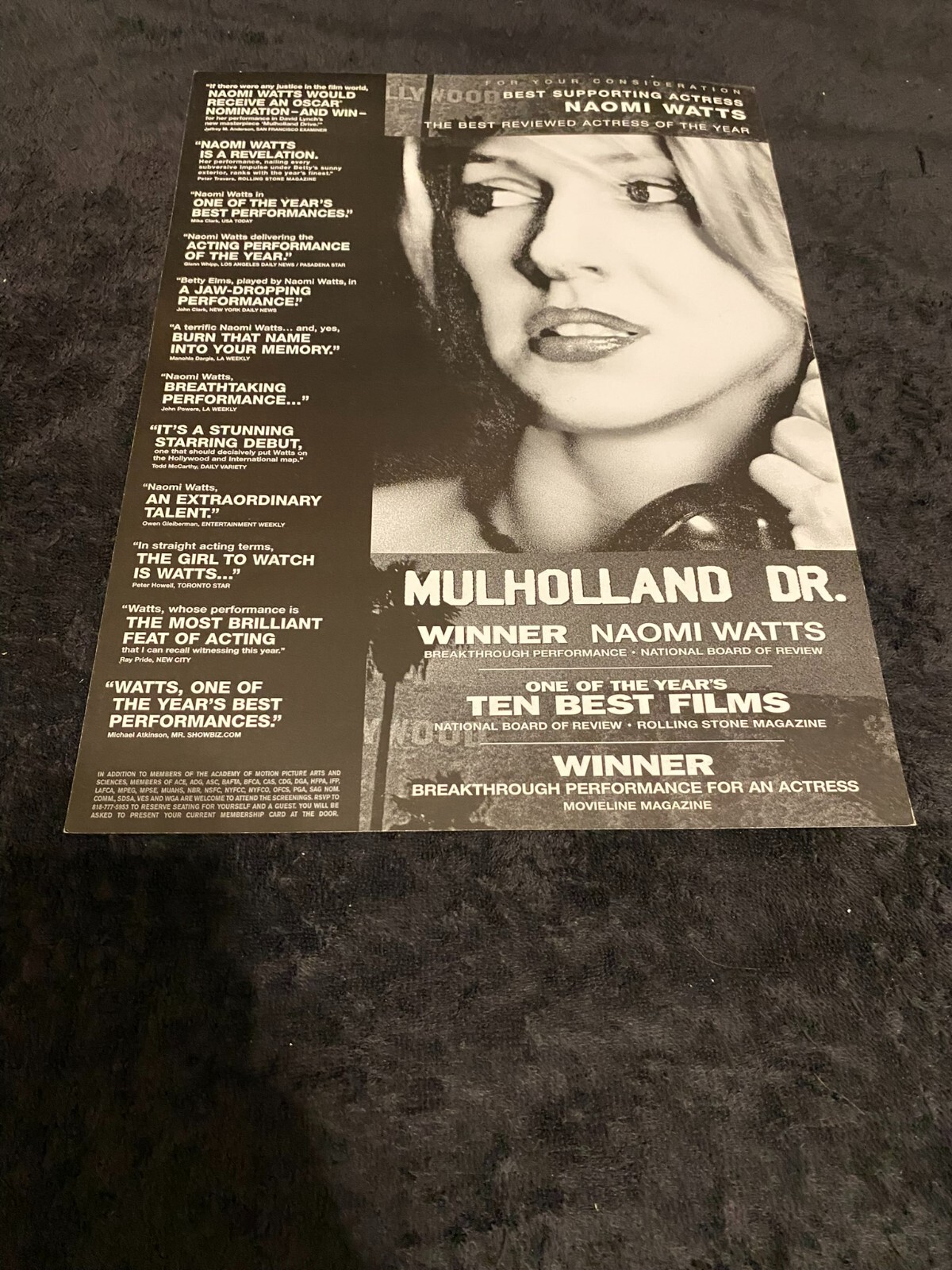MULHOLLAND DRIVE Oscar ad Naomi Watts & HARRY POTTER AND THE SORCERER’S STONE