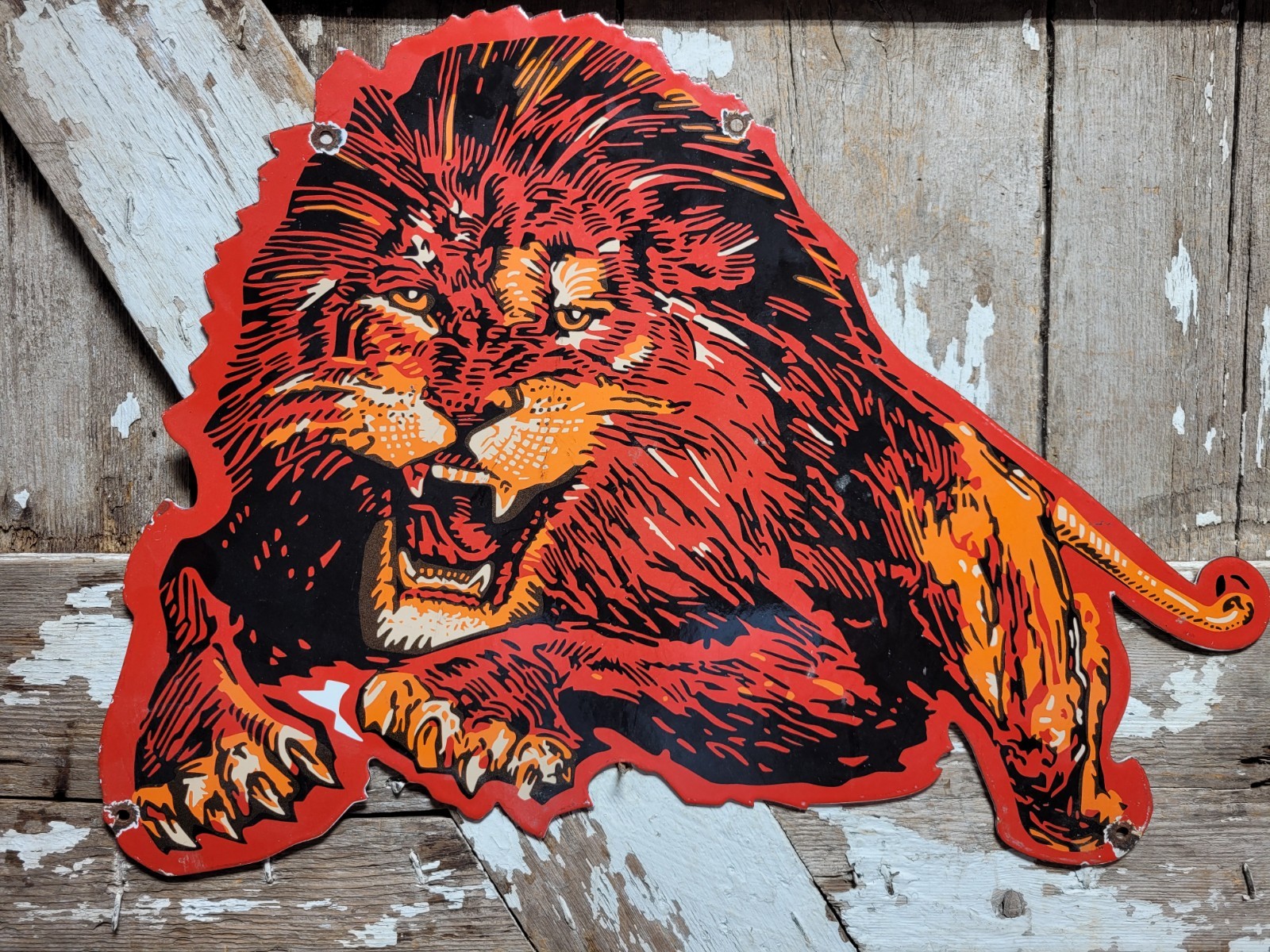 VINTAGE LION GASOLINE PORCELAIN SIGN OLD MOTOR OIL MIDWEST GAS STATION DIECUT