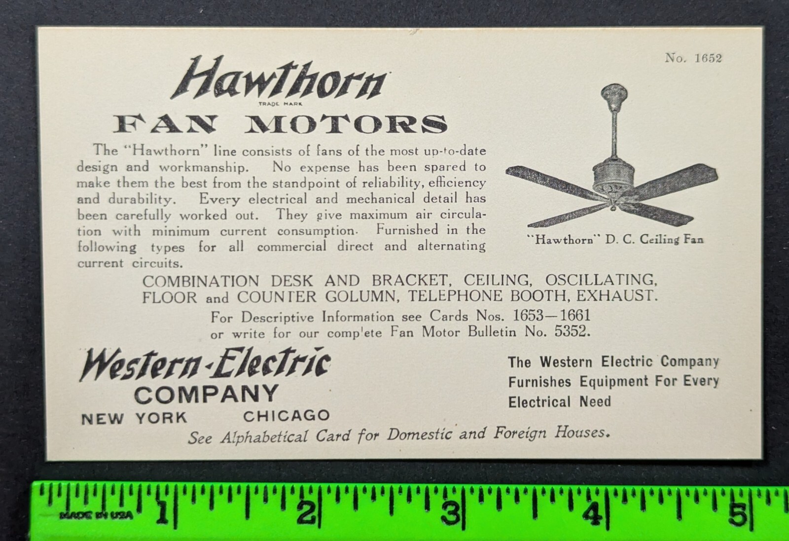 Antique Hawthorn Fan Motors Western Electric Chicago NY Graphic Business Card