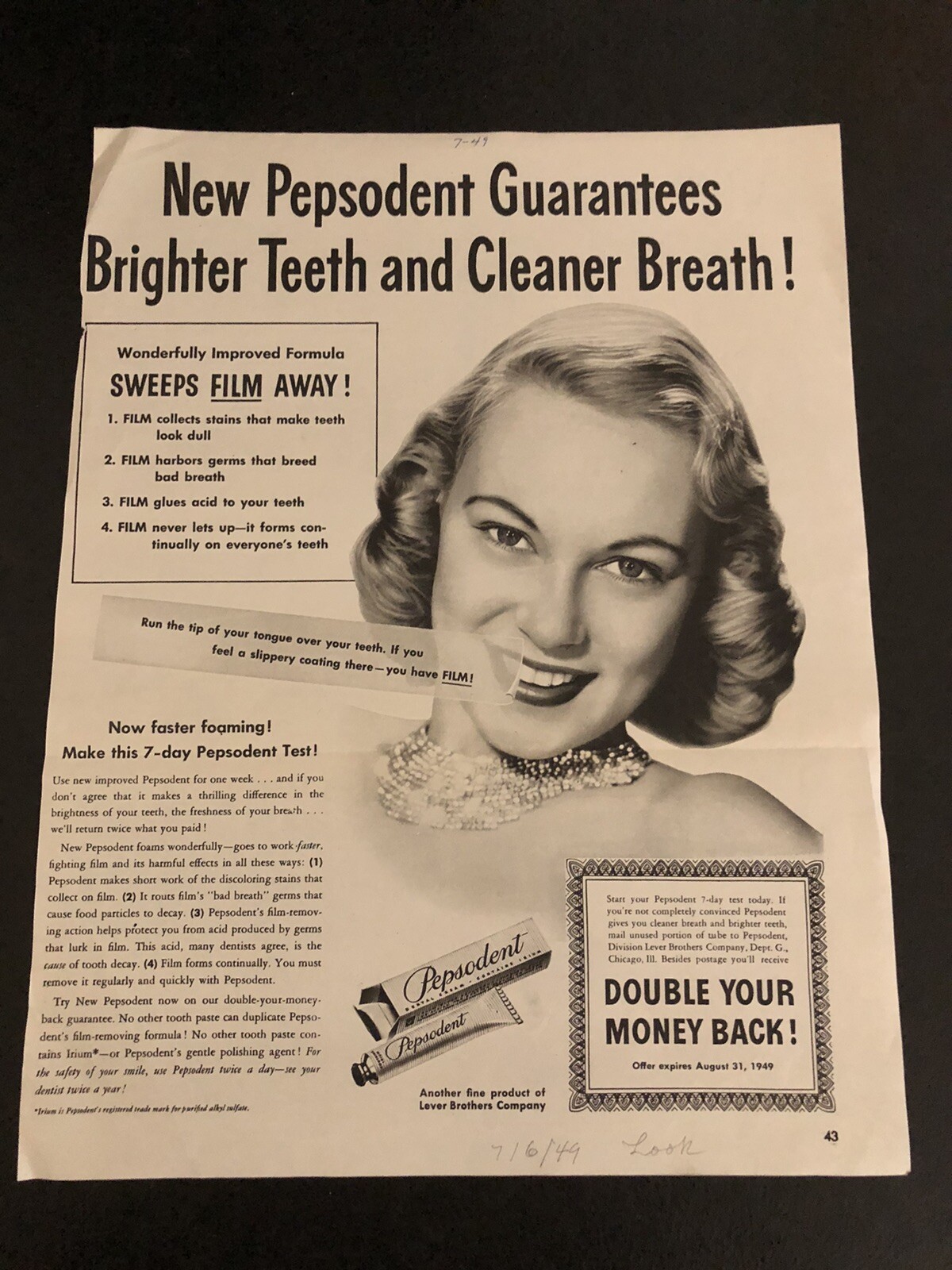 1949 PEPSODENT DENTAL CREAM – Vintage Magazine Print Ad