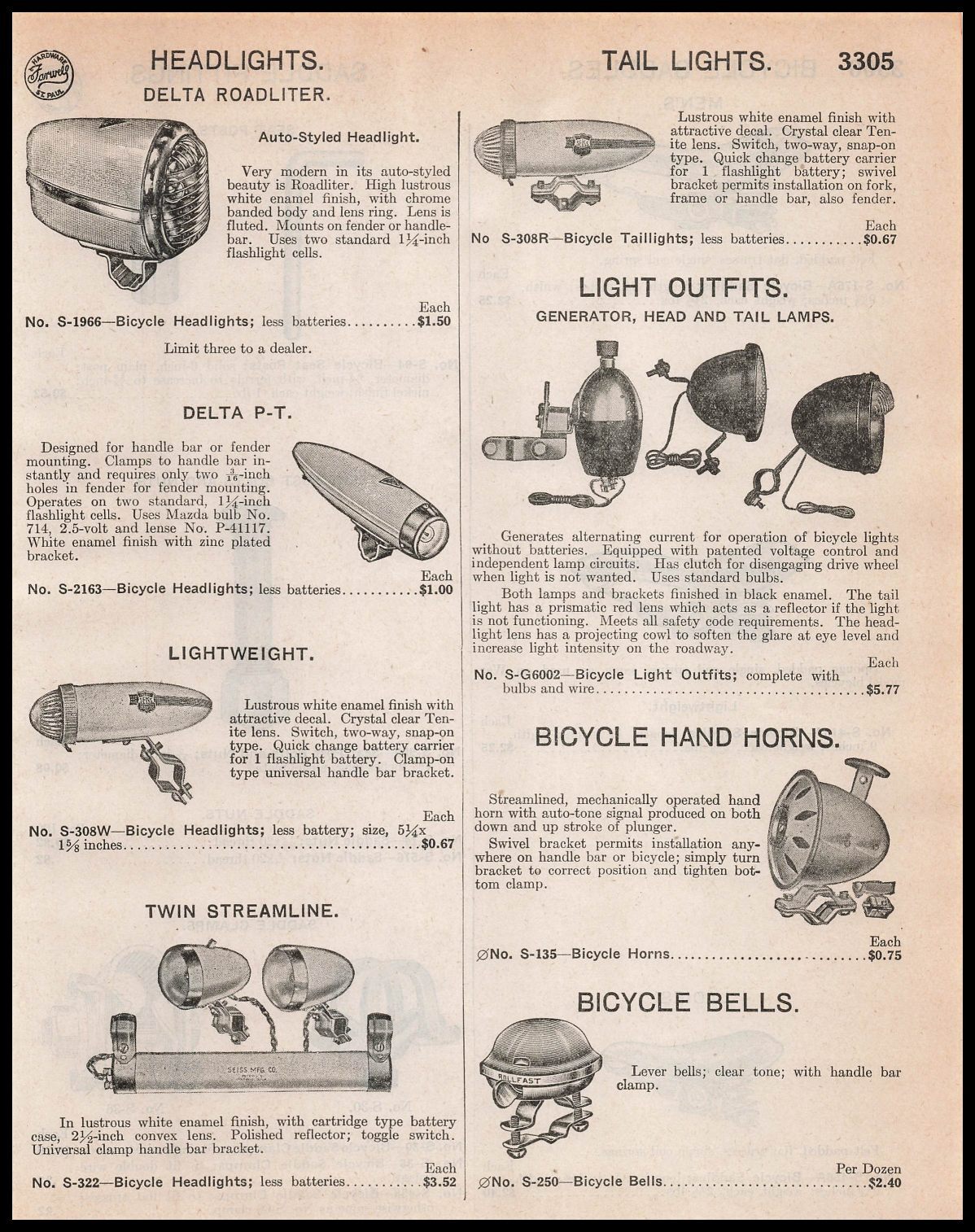 1948 Delta Electric Marion Indiana Roadliter And P-T Bicycle Headlights Print Ad