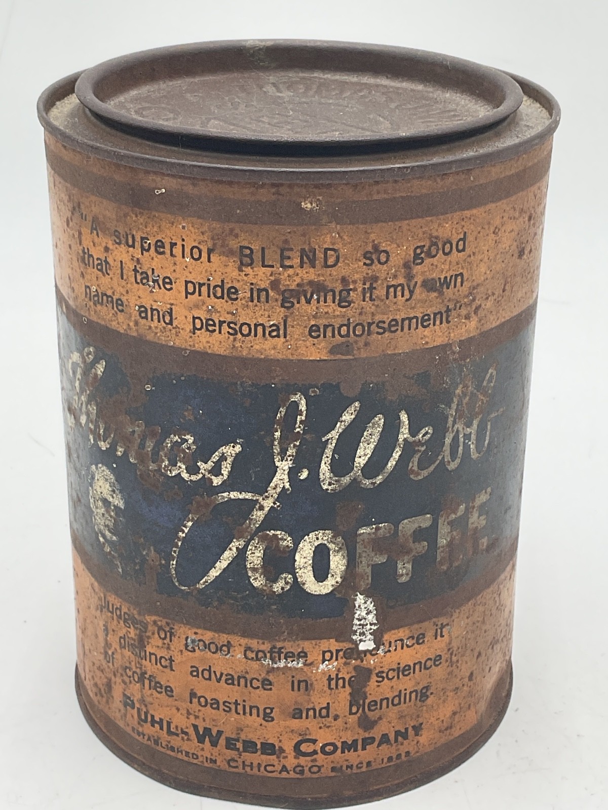 ANTIQUE THOMAS J WEBB 1# TIN COFFEE CAN COUNTRY STORE GROCERY CHICAGO Tin Litho