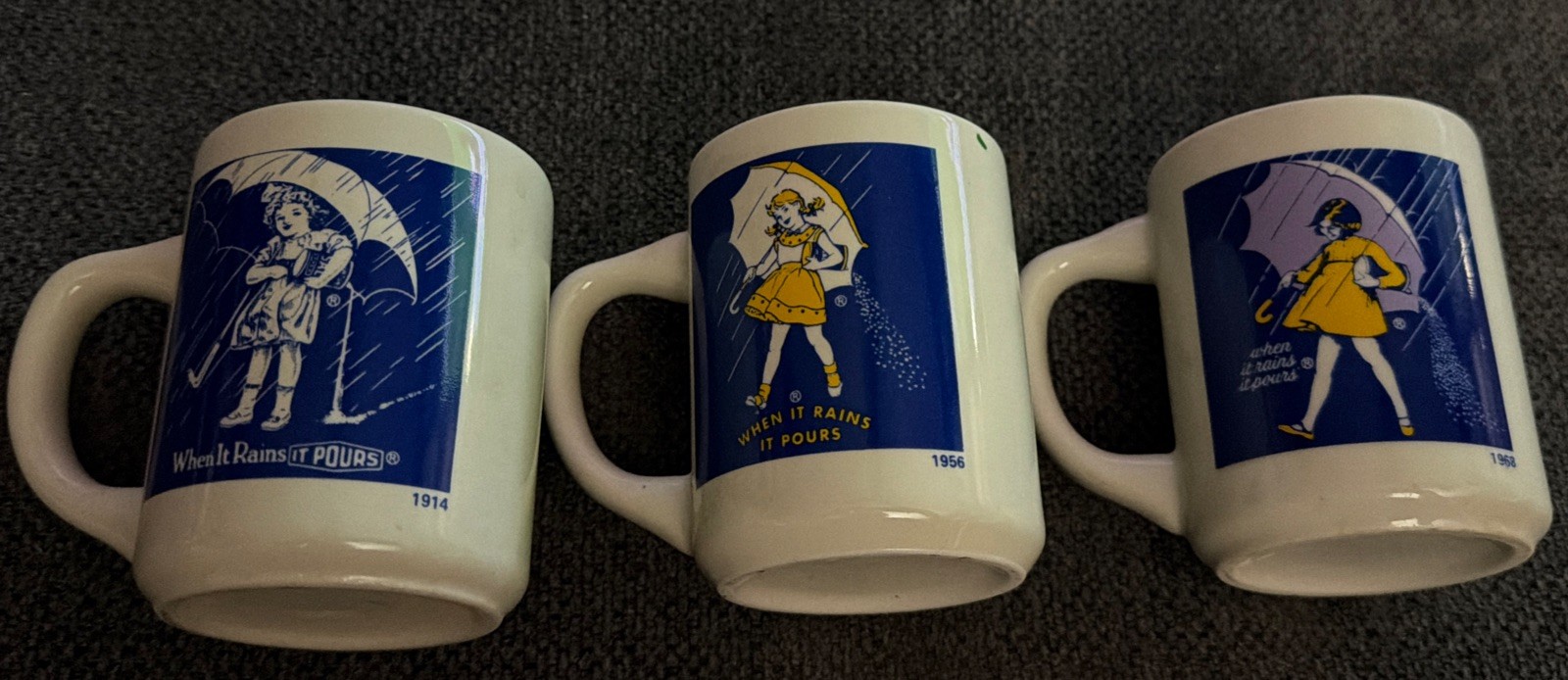 Vintage Morton Salt 3 Coffee Mugs”When It Rains It Pours”