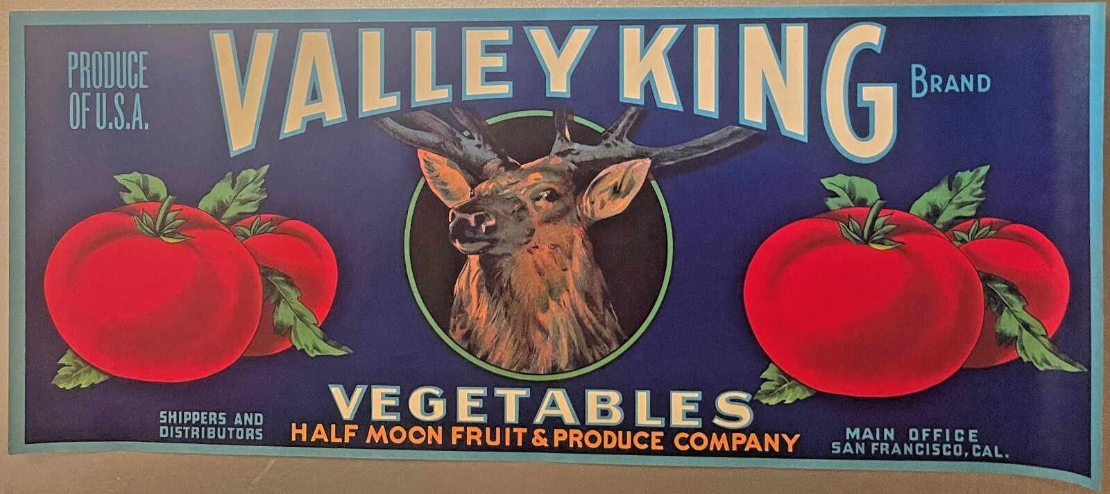 Vintage 1940s Valley King Vegetable Crate Label, Elk, Buck, San Francisco, CA