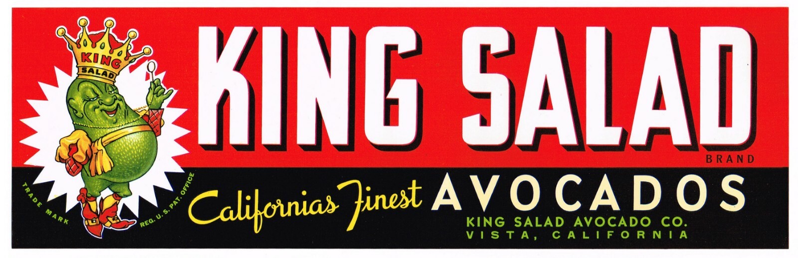 ORIGINAL CRATE LABEL SAN DIEGO AVOCADO VISTA 1950S KING SALAD ANTHROPOMORPHIC 2