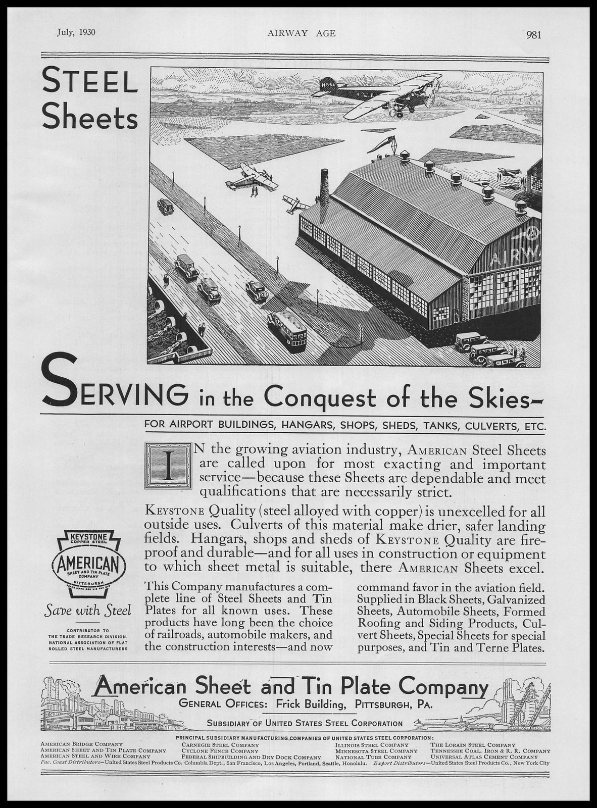 1930 American Steel Sheets Pittsburgh PA Airport Hangar Building Art Print Ad