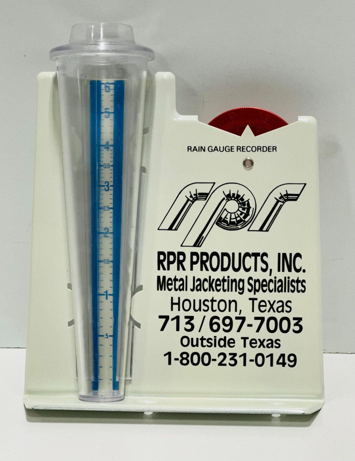 Vtg plastic metal rain gauge advertising RPR products Houston, Tx collectible