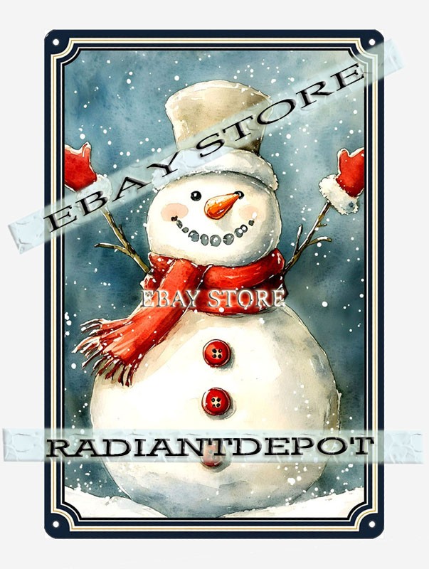 snowy landscape scene snowman tin metal sign art
