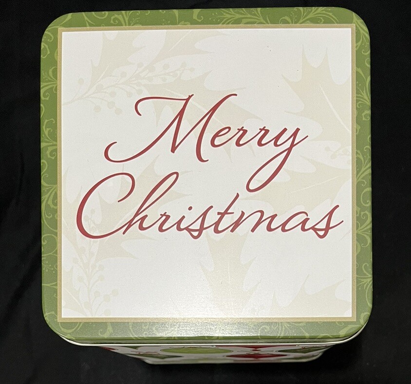 Collectible Holiday Tin Merry Christmas Gift Box w Christmas Ornament Motif