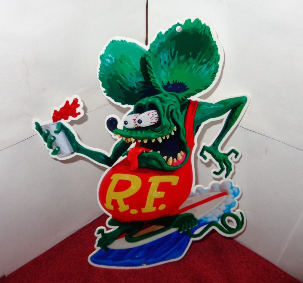 VINTAGE RATFINK SURFING W/ RED SODA 12″ METAL RAT FINK GASOLINE OIL ED ROTH SIGN