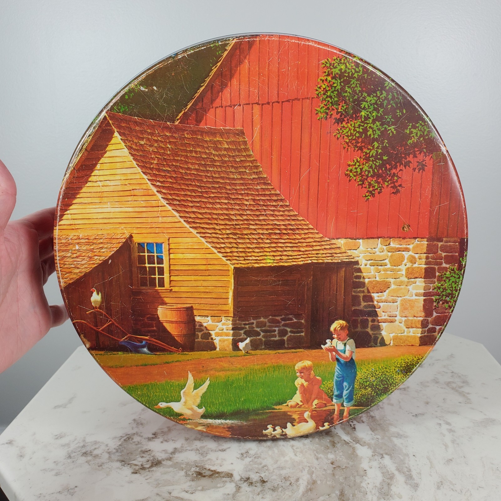 Vintage Paul Detlefsen Art Cookie Tin 10” x 3.5” Valley Farms 32oz Round Metal