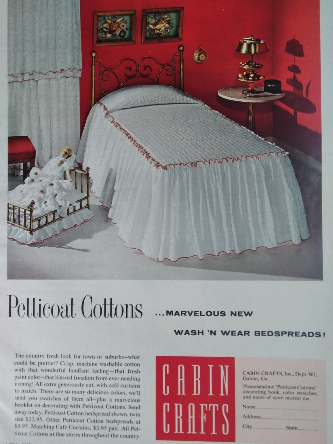 Cabin Crafts Print Ad Original Vtg 1958 Bedspread Petticoat Dalton GA Country