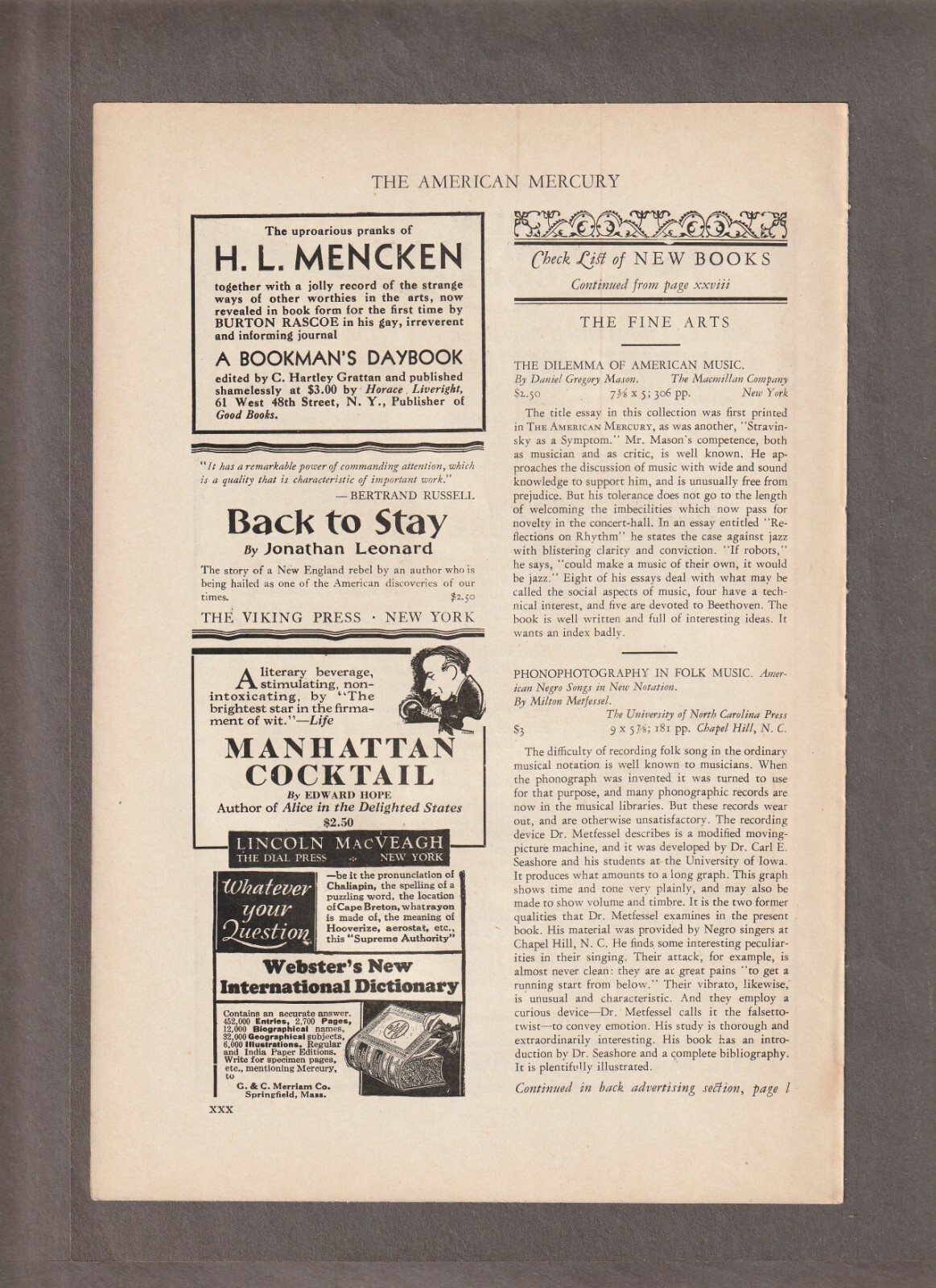 Vintage 1929 MANHATTAN COCKTAIL BOOK Magazine AD~Edward Hope~A BOOKMAN’S DAYBOOK