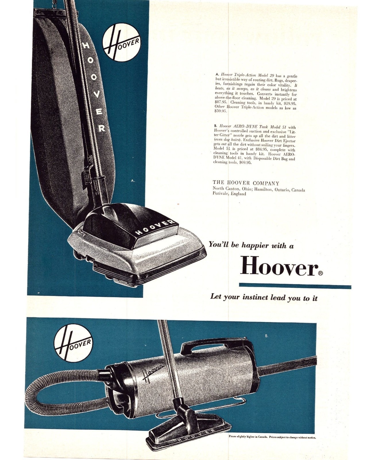 1951 Hoover Aero Dyne Tank 51 Vacuum Cleaner Vintage Print Ad Model 29 Wall Art