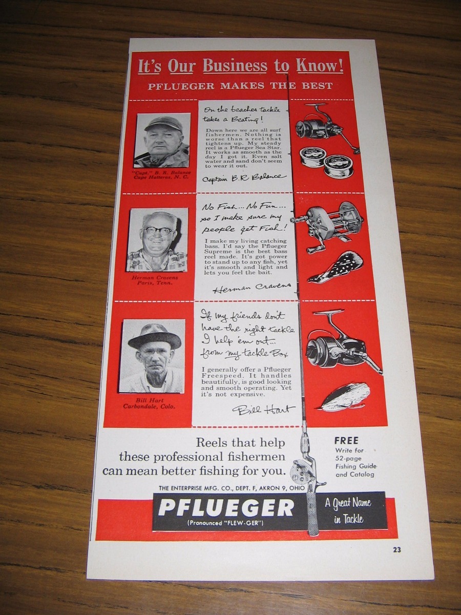 1957 Print Ad Pflueger Fishing Reels Sea Star,Supreme,Freespeed Enyerprise Akron