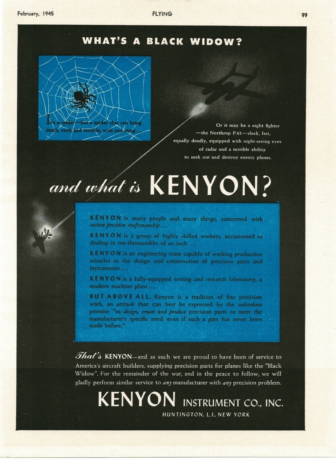 1945 KENYON Instrument Co. Northrop P-61 Black Widow WWII Vintage Print Ad