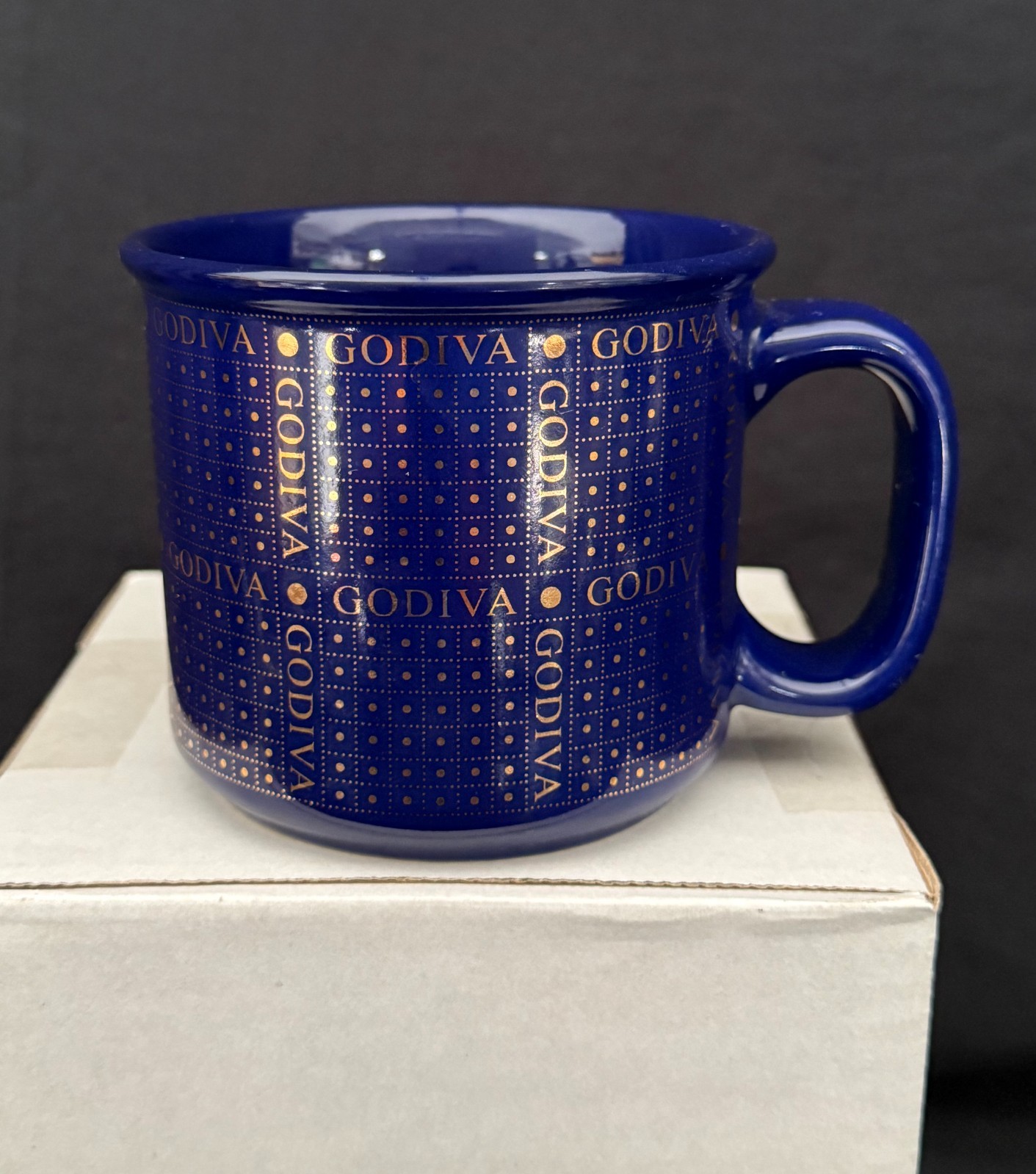 Vintage GODIVA Chocolate Chocolatier Cobalt Blue & Gold Accents 16 oz Coffee Mug