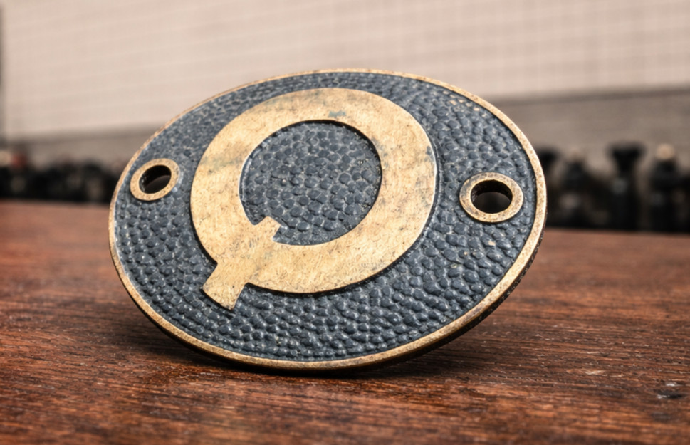 Antique Brass Letter Q Drawer Escutcheon Curved Filing Cabinet Tag c1910s