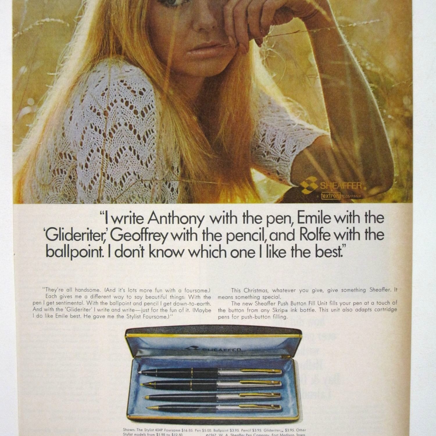 Print Ad Sheaffer Textron Pen Stylist Foursome MOD Christmas 1967 Woman AD
