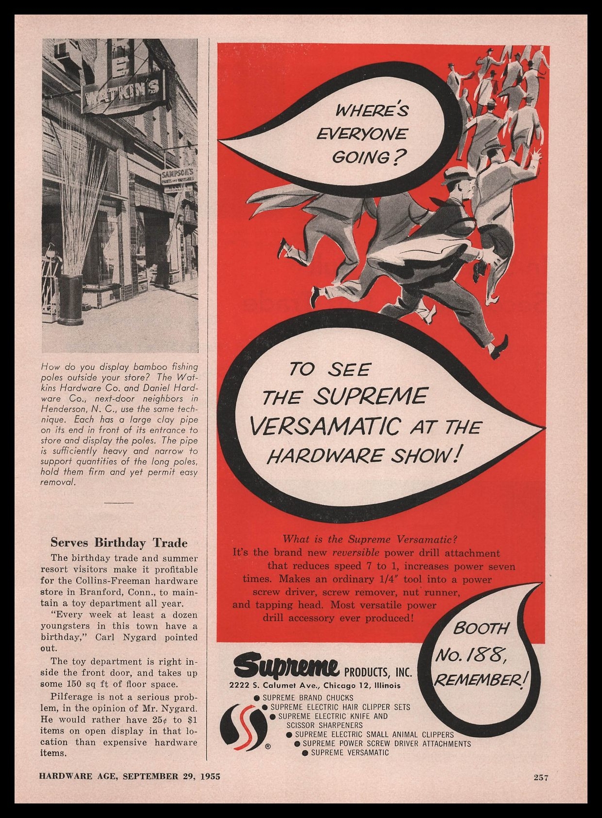 1955 Supreme Products Inc. Chicago “Versamatic: Power Drill Attachment Print Ad