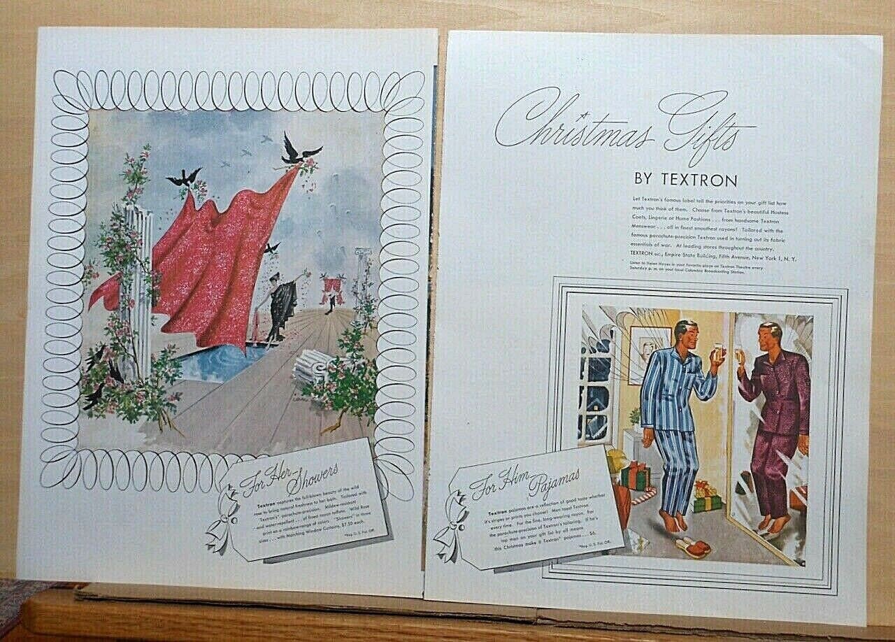 1945 two page magazine ad for Textron Fabrics – Christmas gifts for him and her