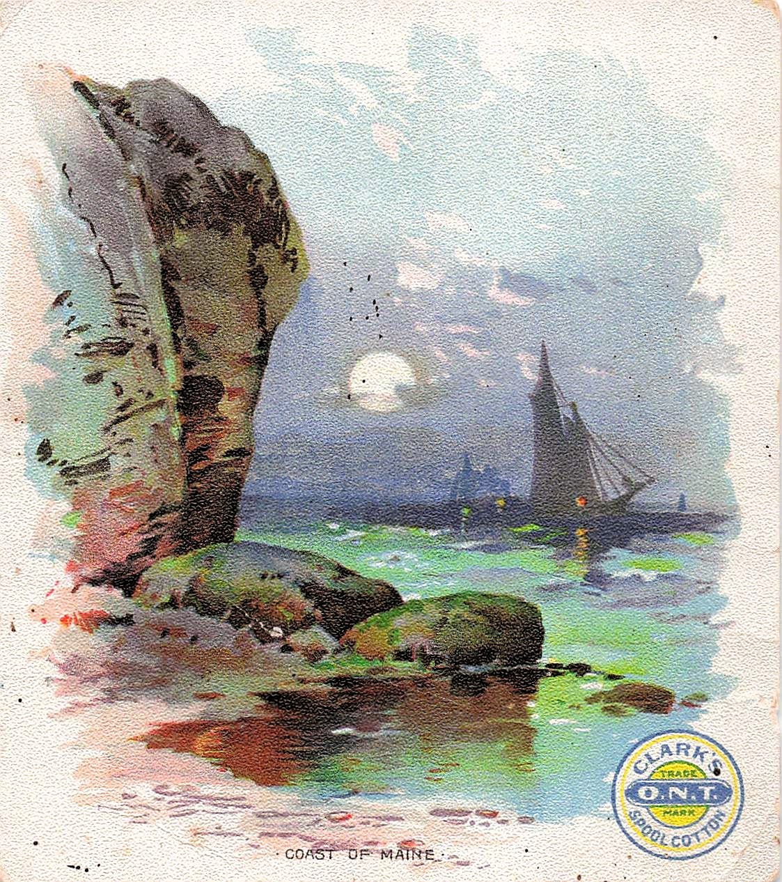 Clarks ONT Spool Cotton Coast Maine Sailboat Litho Trade Card Vtg Ephemera I54