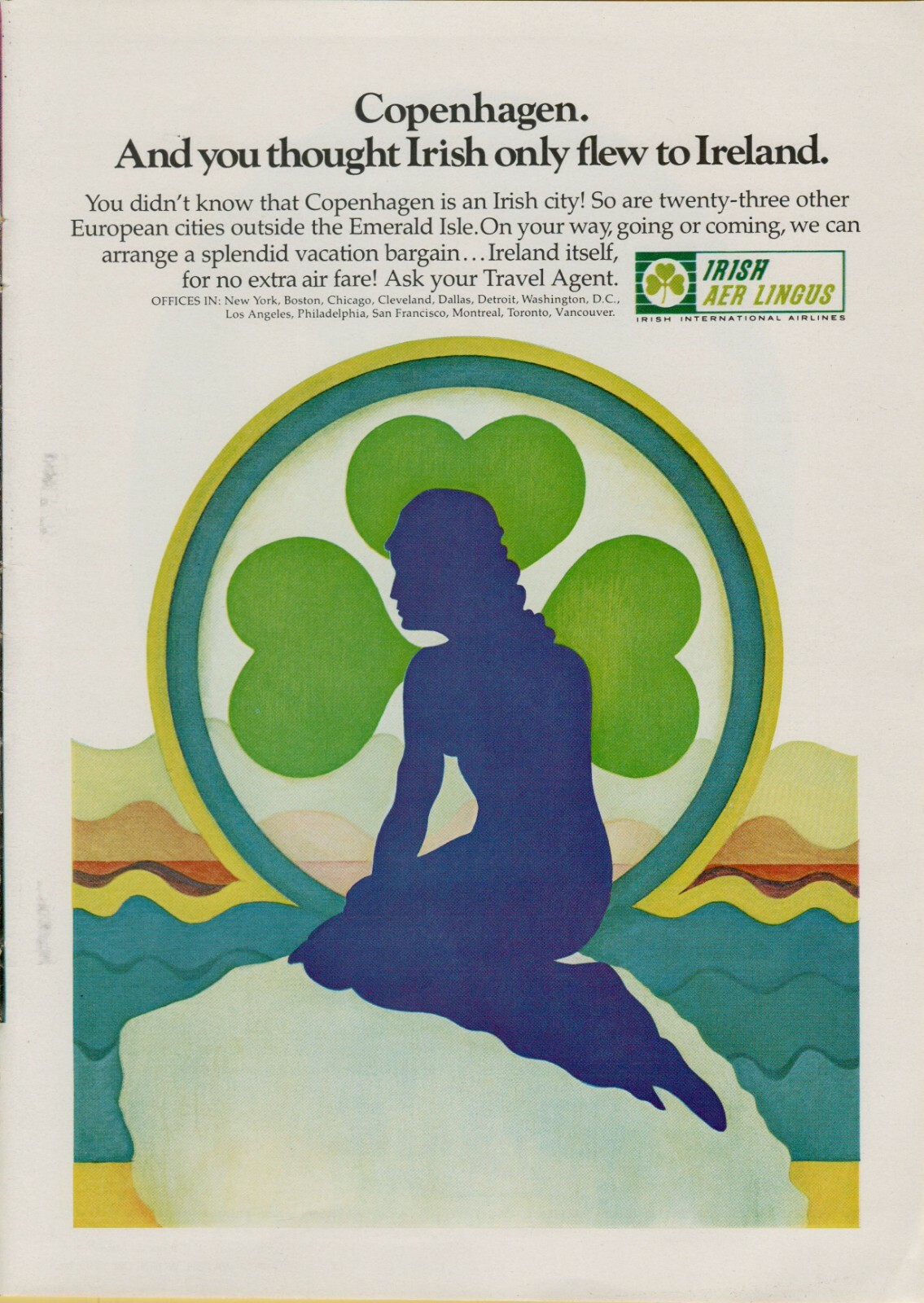 1969 Irish Aer Lingus 3 Leaf Clover Emerald Isle Airline Vintage Print Ad