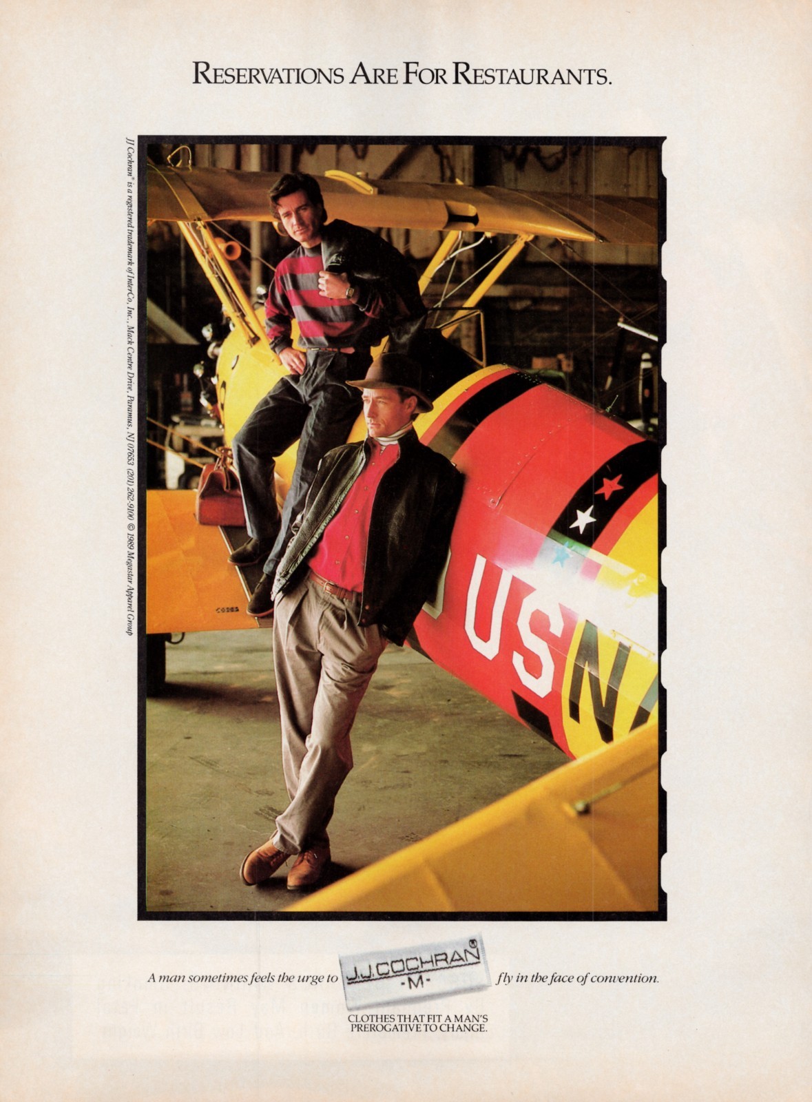1989 JJ Cochran Original 80s Vintage Clothing Print Ad w Airplane ‘Reservations’