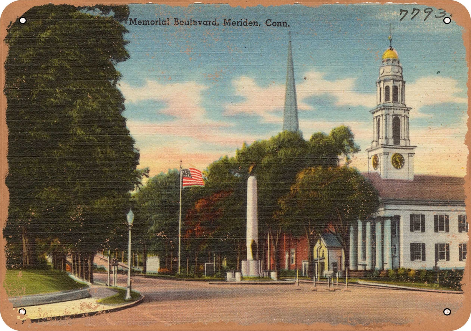 METAL SIGN – Connecticut Postcard – Memorial Boulevard, Meriden, Conn.