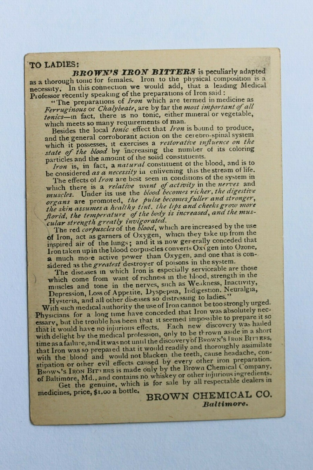 Trade card BROWN’S IRON BITTERS TONIC FOR FEMALES, BROWN CHEMICAL CO. BALTIMORE