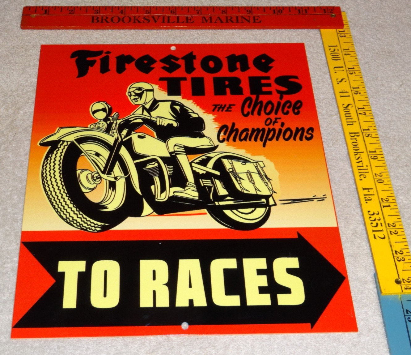 VINTAGE FIRESTONE TIRES MOTORCYCLE RACES 12″ PORCELAIN METAL GASOLINE & OIL SIGN