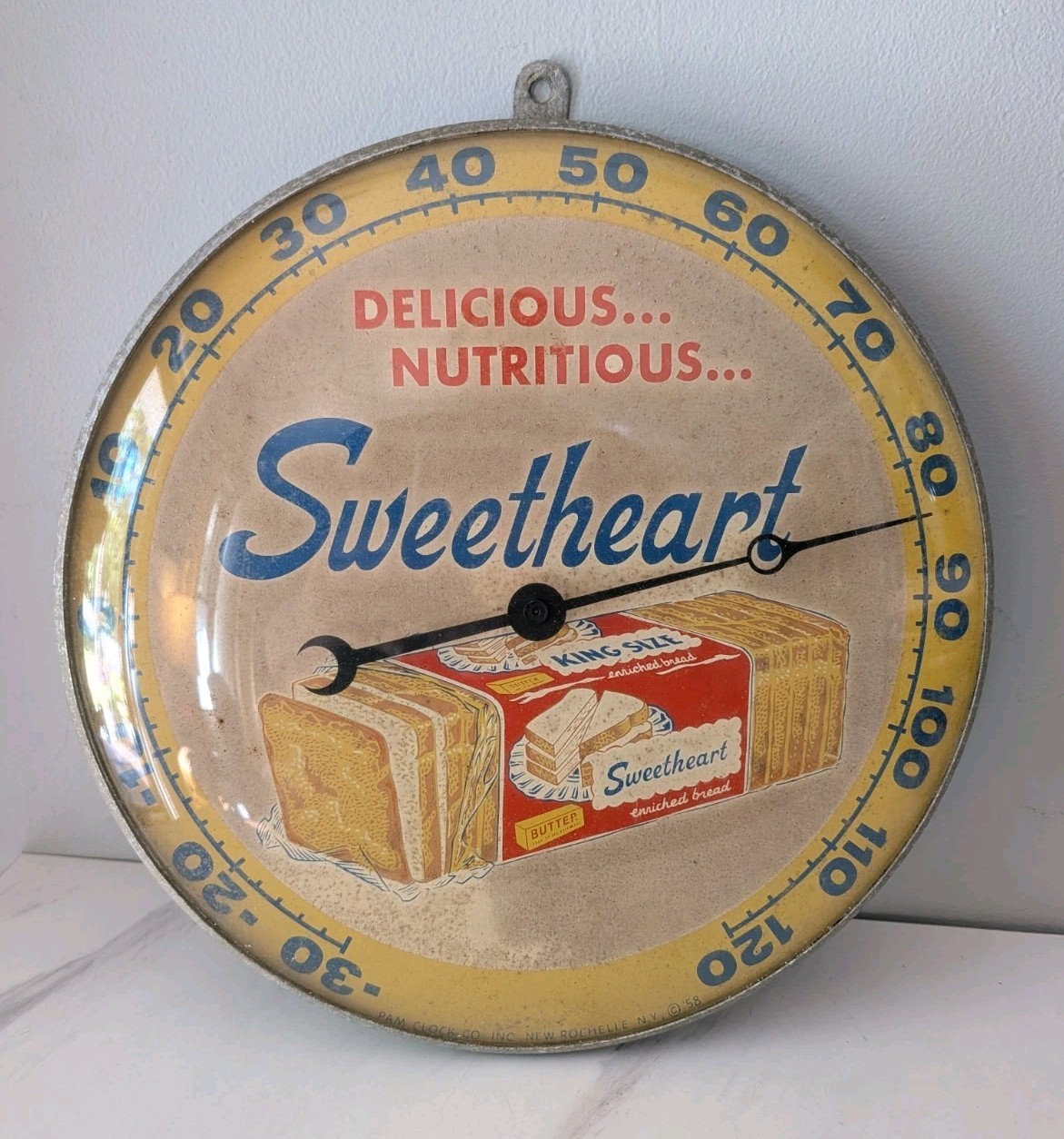 Pam Clock Co Thermometer 1958 Sweetheart Bread Advertisement 11.5″
