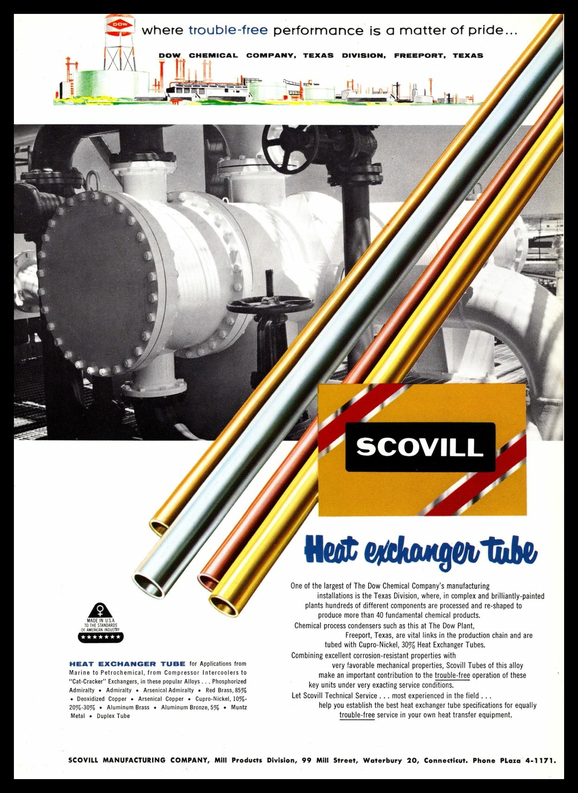 1959 Scovill Waterbury Connecticut Heat Exchanger Tube Vintage Oil Gas Print Ad