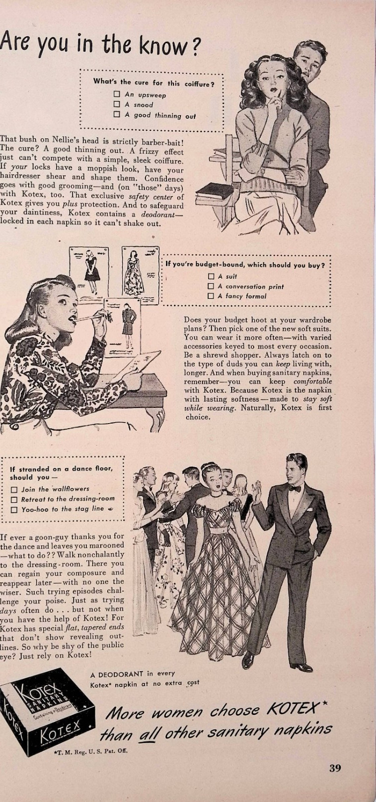 1946 Kotex Sanitary Hygiene Are You in the Know Quiz Print Ad American Girl July