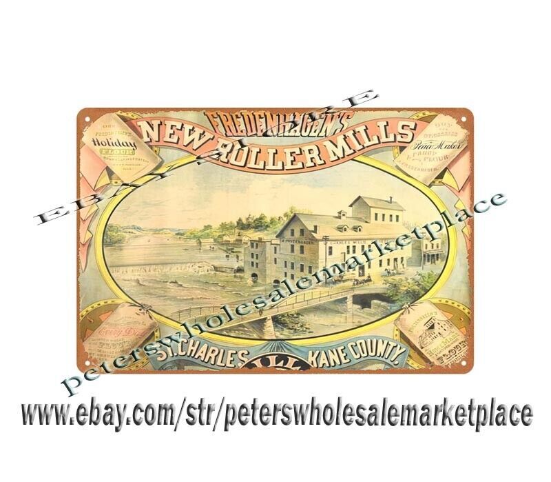 New Roller Mills Flour St. Charles Illinois metal tin sign hanging s