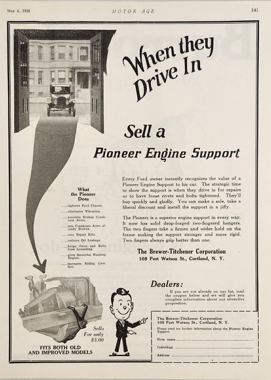 1926 Print Ad Pioneer Engine Supports for Ford Cars Brewer-Tichener Cortland,NY